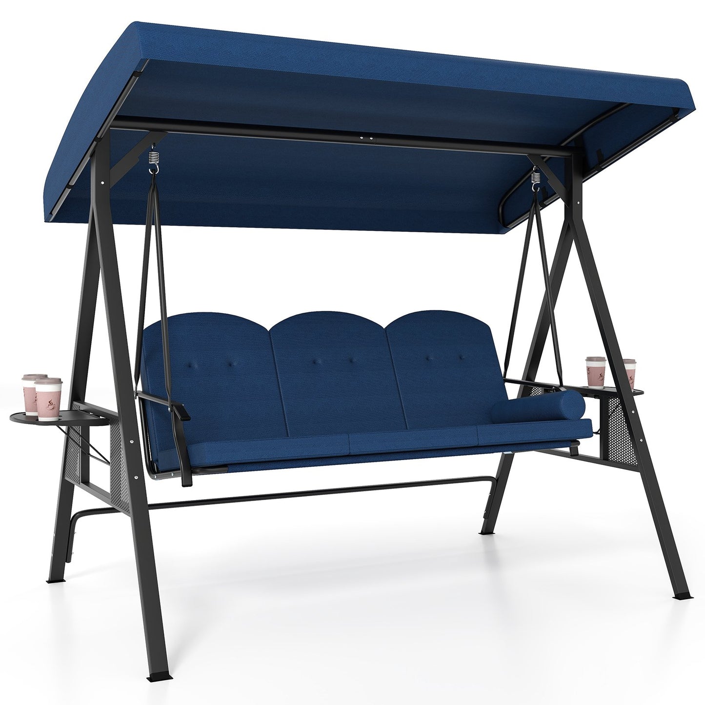3-Seat Patio Swing Chair Porch Swing with Adjustable Canopy Thickened Cushions Pillow and Foldable Side Trays-Grey