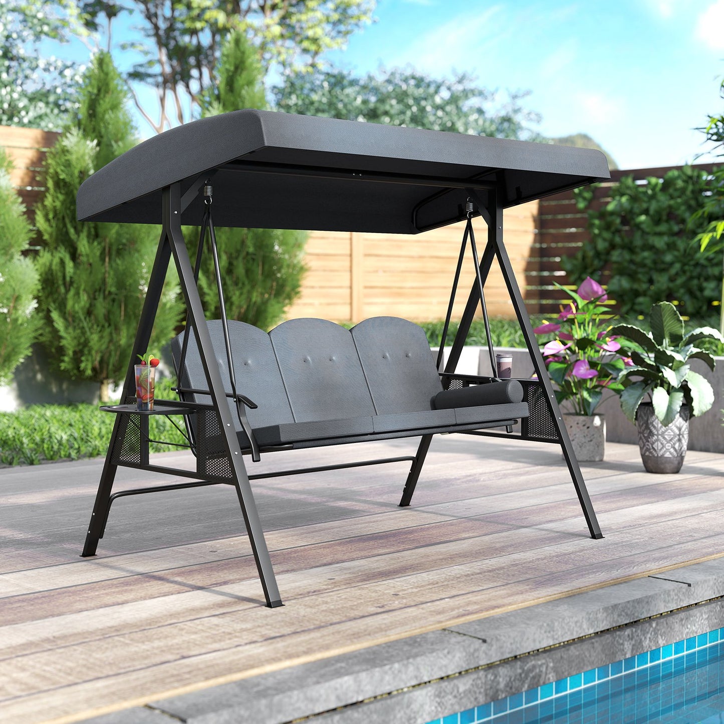 3-Seat Patio Swing Chair Porch Swing with Adjustable Canopy Thickened Cushions Pillow and Foldable Side Trays-Grey