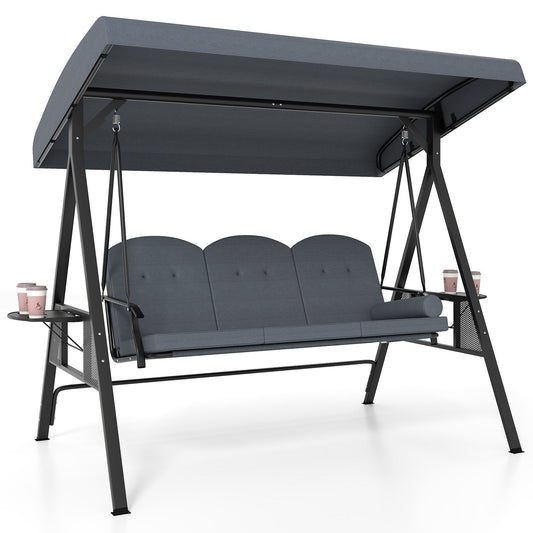 3-Seat Patio Swing Chair Porch Swing with Adjustable Canopy Thickened Cushions Pillow and Foldable Side Trays-Grey