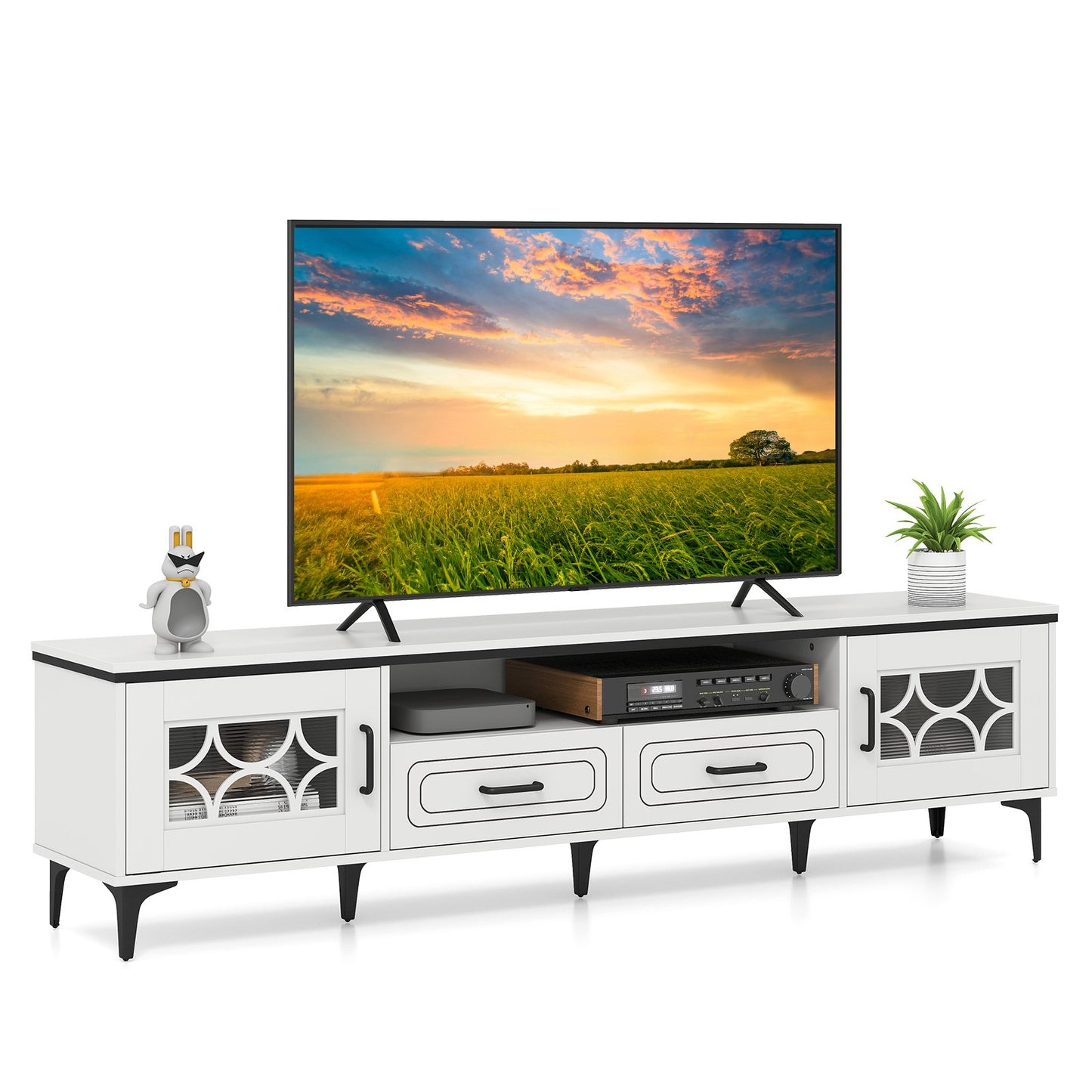 Farmhouse TV Stand for TVs up to 80 Inch with 2 Drawers-Oak and Gray