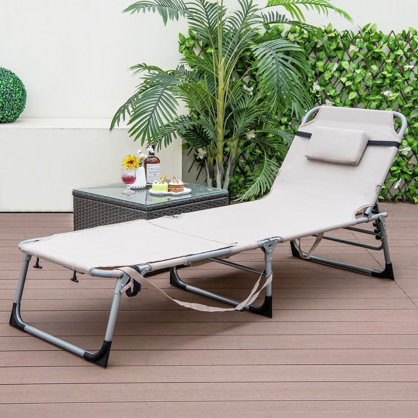 5-position Outdoor Folding Chaise Lounge Chair-Beige