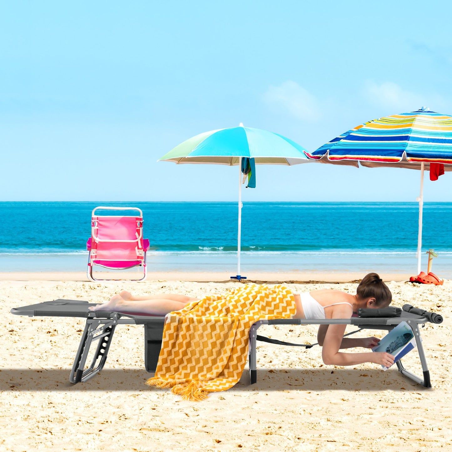 5-position Outdoor Folding Chaise Lounge Chair-Beige