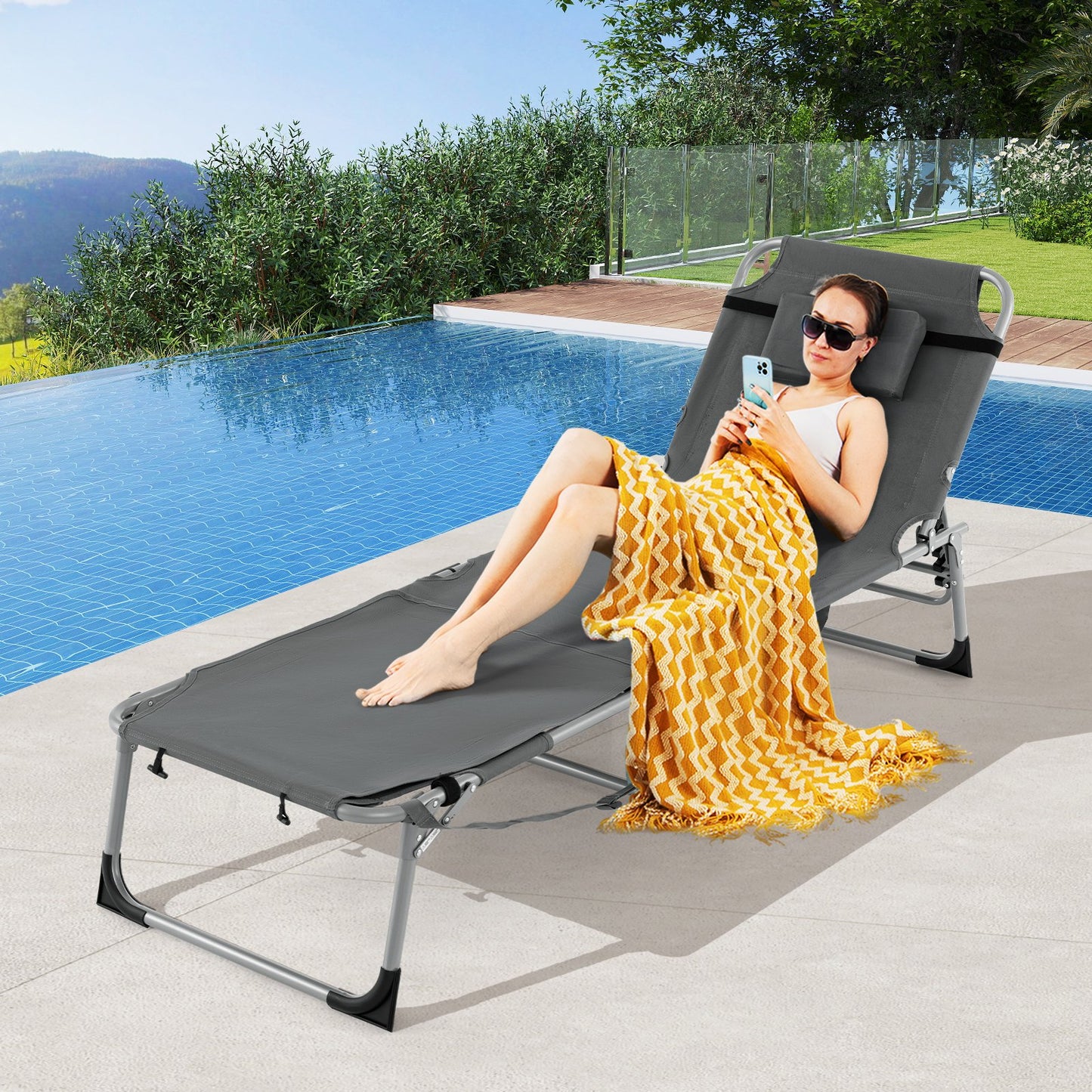 5-position Outdoor Folding Chaise Lounge Chair-Beige