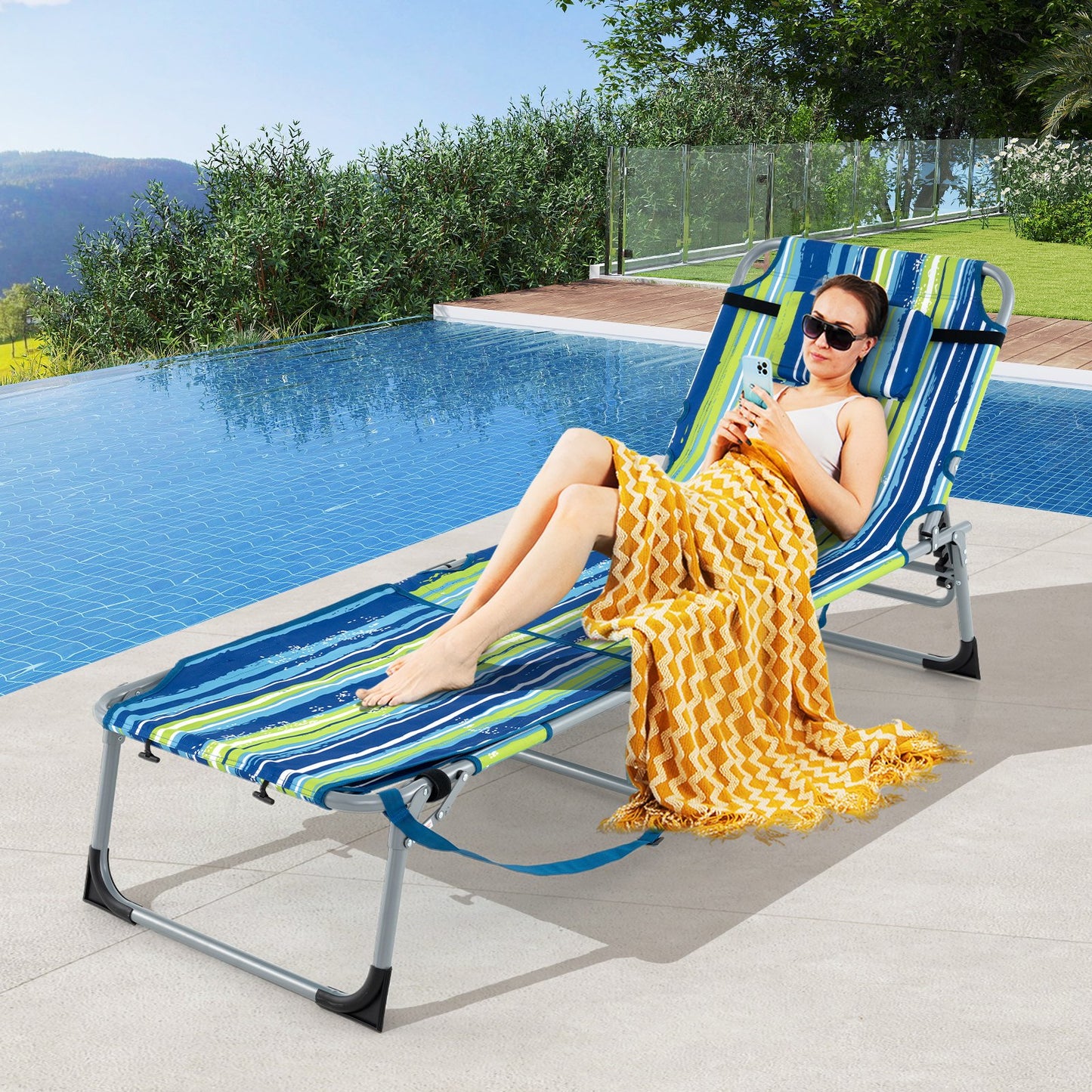 5-position Outdoor Folding Chaise Lounge Chair-Beige