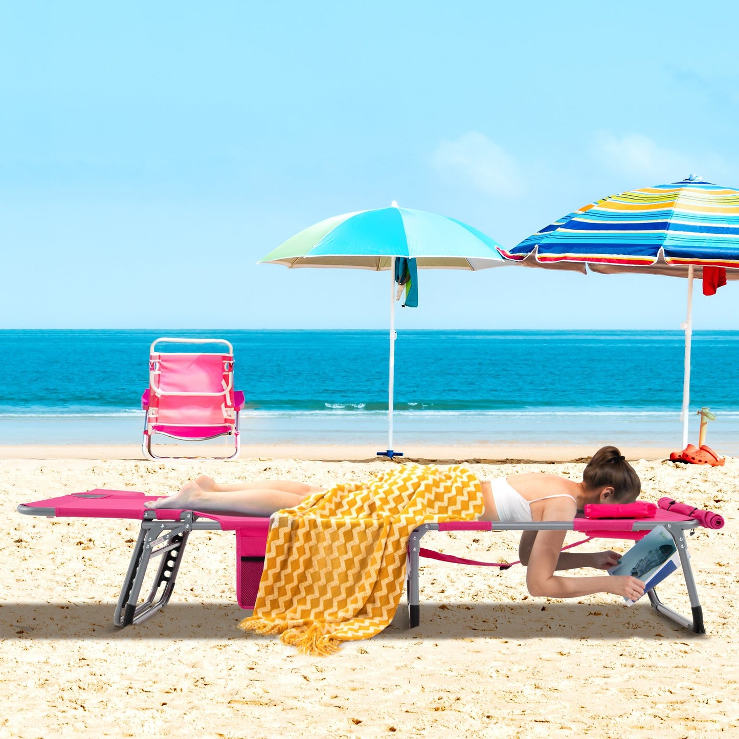 5-position Outdoor Folding Chaise Lounge Chair-Beige