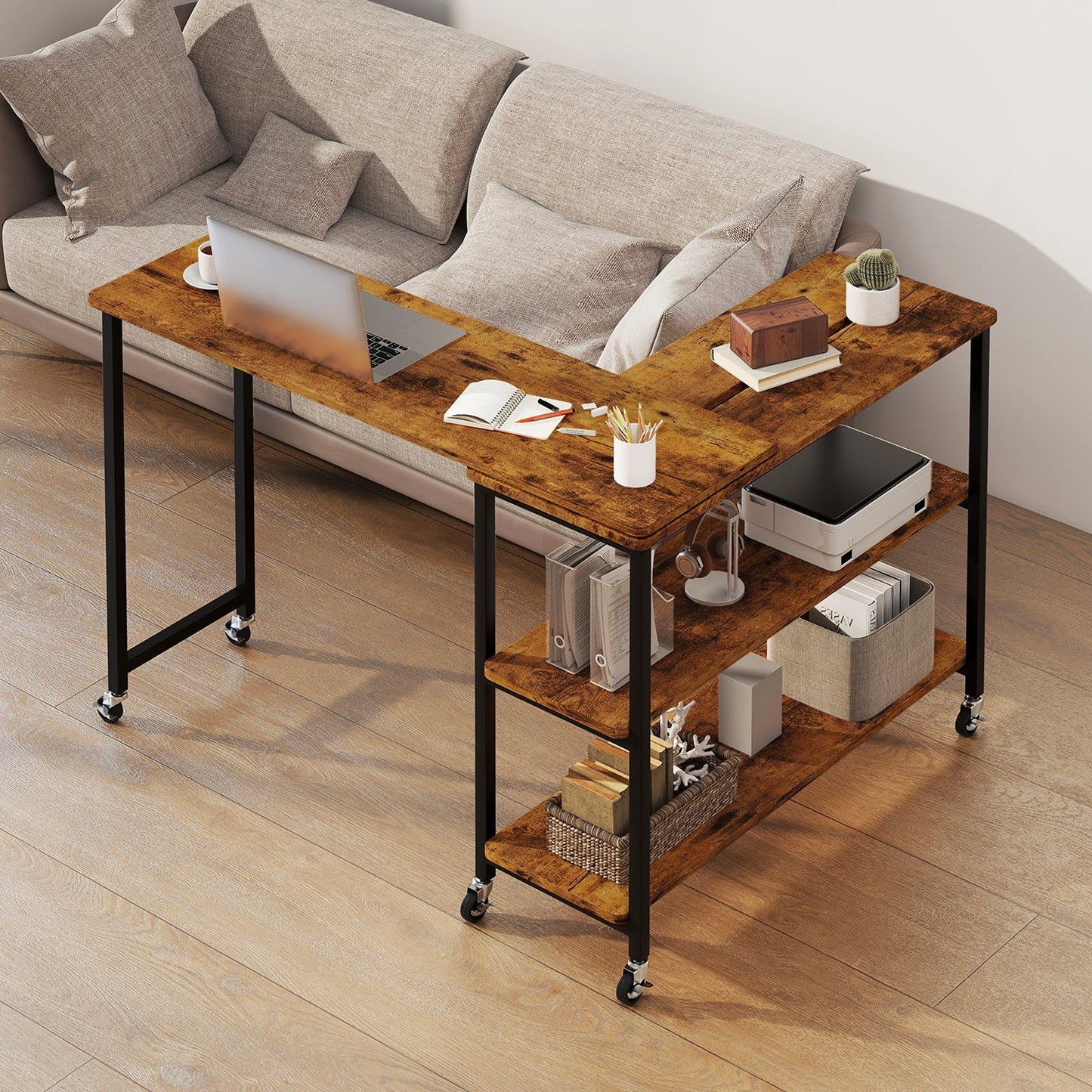 Patented Large 360-Degree Free Rotating Sofa Side Table with Wheels and Storage Shelf-Brown