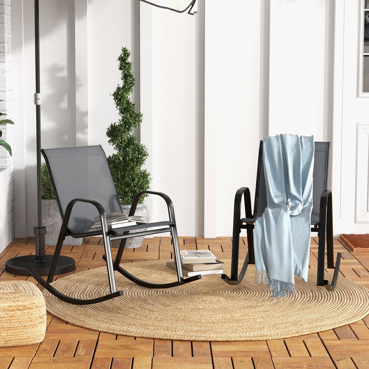 Set of 2 Metal Patio Rocking Chair with Breathable Seat Fabric-Black