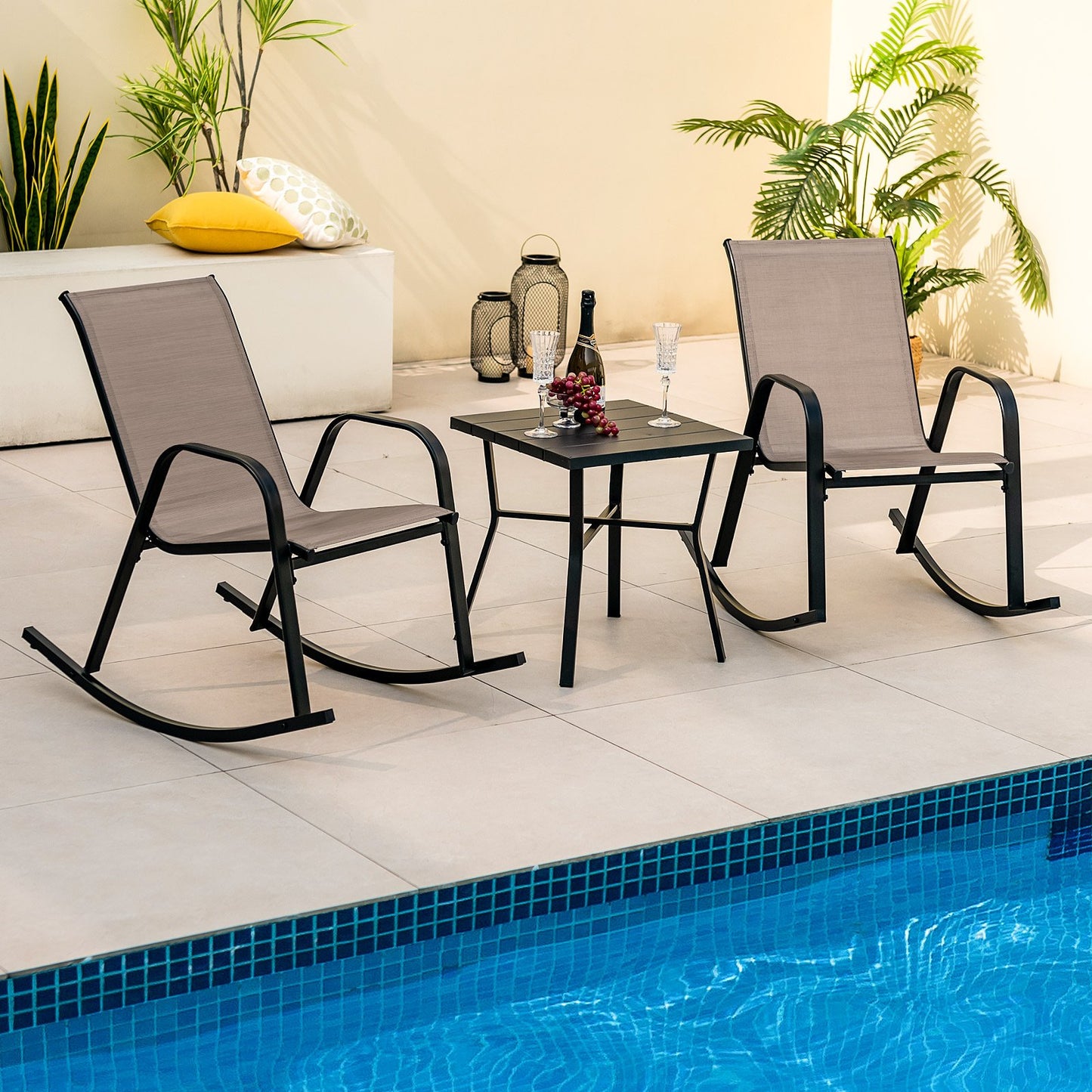Set of 2 Metal Patio Rocking Chair with Breathable Seat Fabric-Black