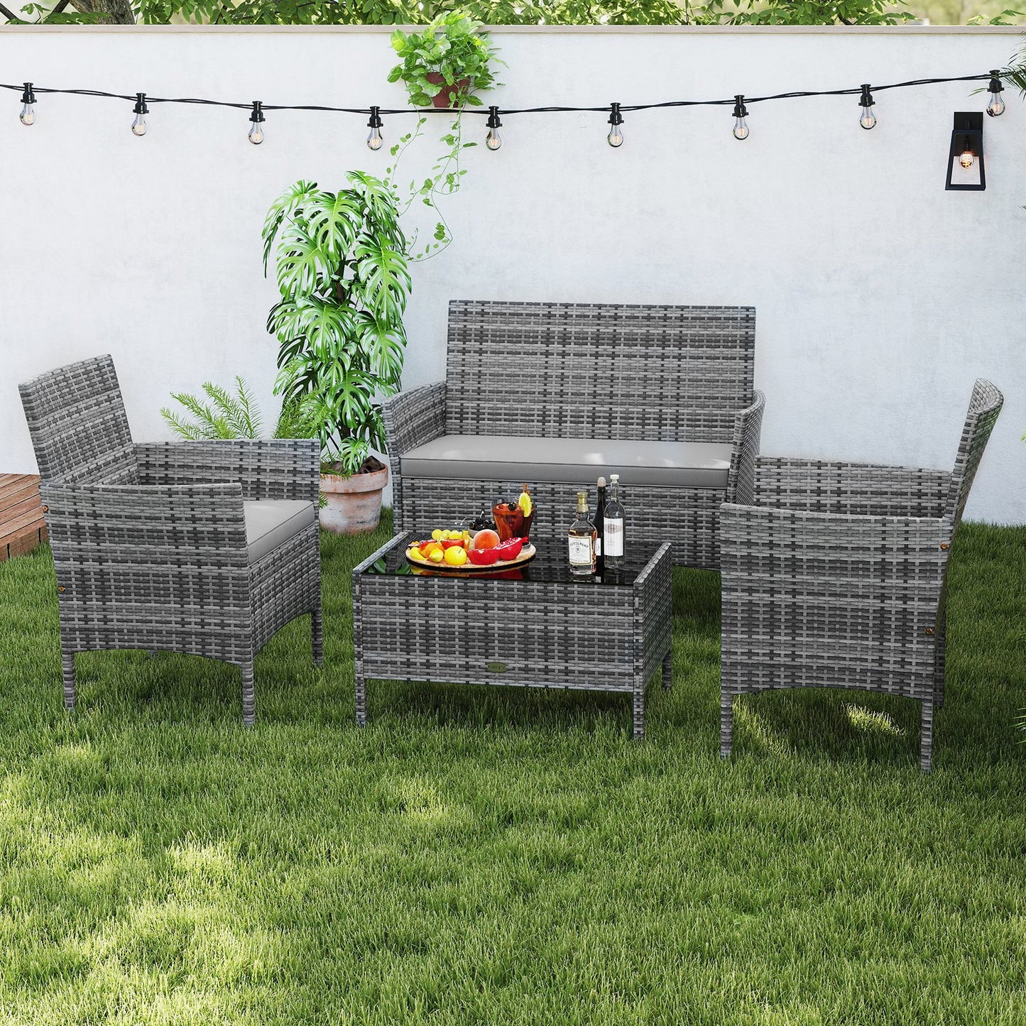 4 Pieces Patio Rattan Conversation Set with Tempered Glass Coffee Table-Beige