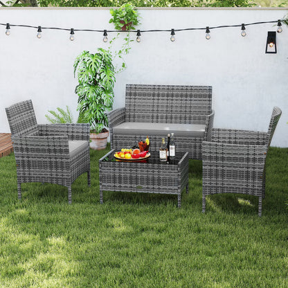 4 Pieces Patio Rattan Conversation Set with Tempered Glass Coffee Table-Beige