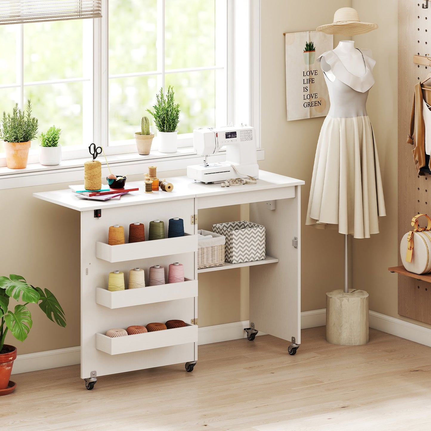 Sewing Machine Table with Charging Station and Lockable Casters-Brown