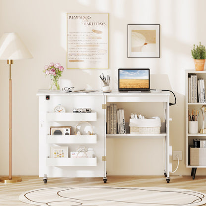 Sewing Machine Table with Charging Station and Lockable Casters-Brown