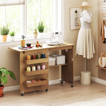 Sewing Machine Table with Charging Station and Lockable Casters-Brown