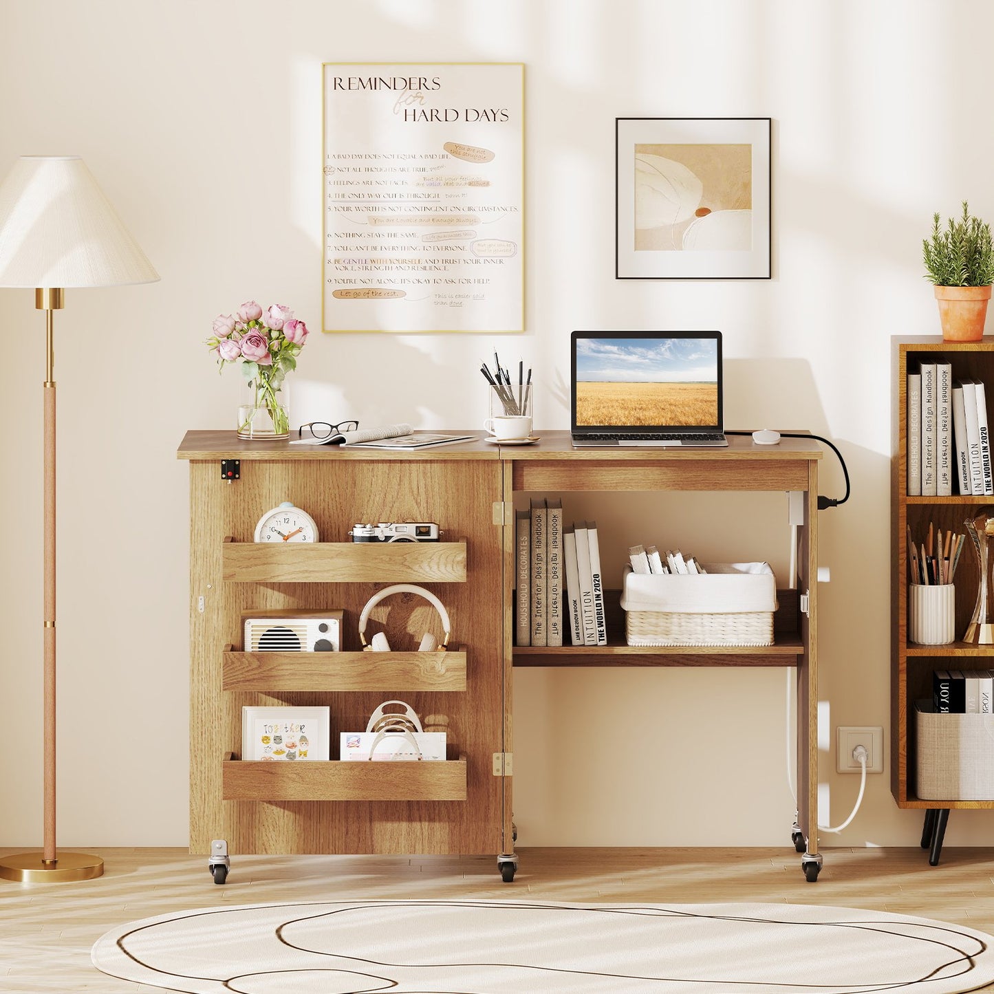 Sewing Machine Table with Charging Station and Lockable Casters-Brown