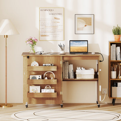Sewing Machine Table with Charging Station and Lockable Casters-Brown