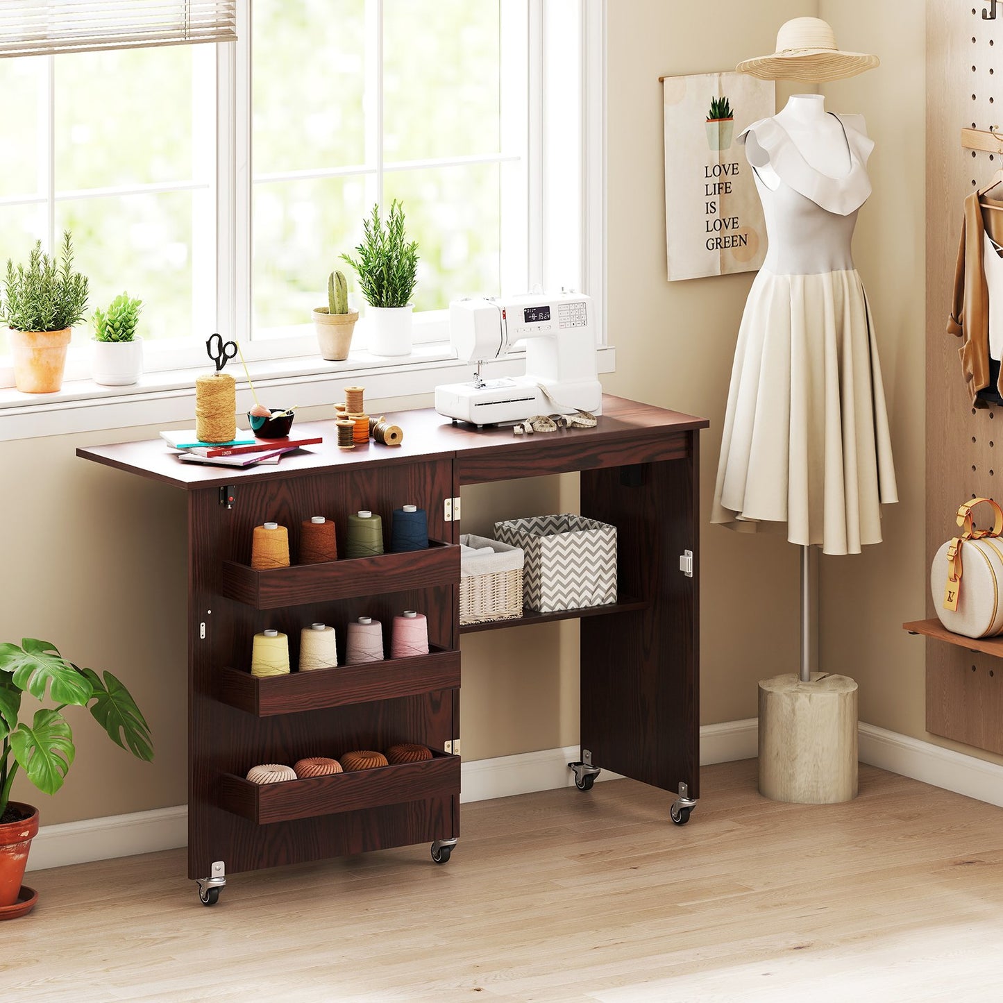 Sewing Machine Table with Charging Station and Lockable Casters-Brown