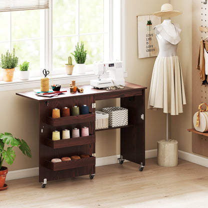 Sewing Machine Table with Charging Station and Lockable Casters-Brown