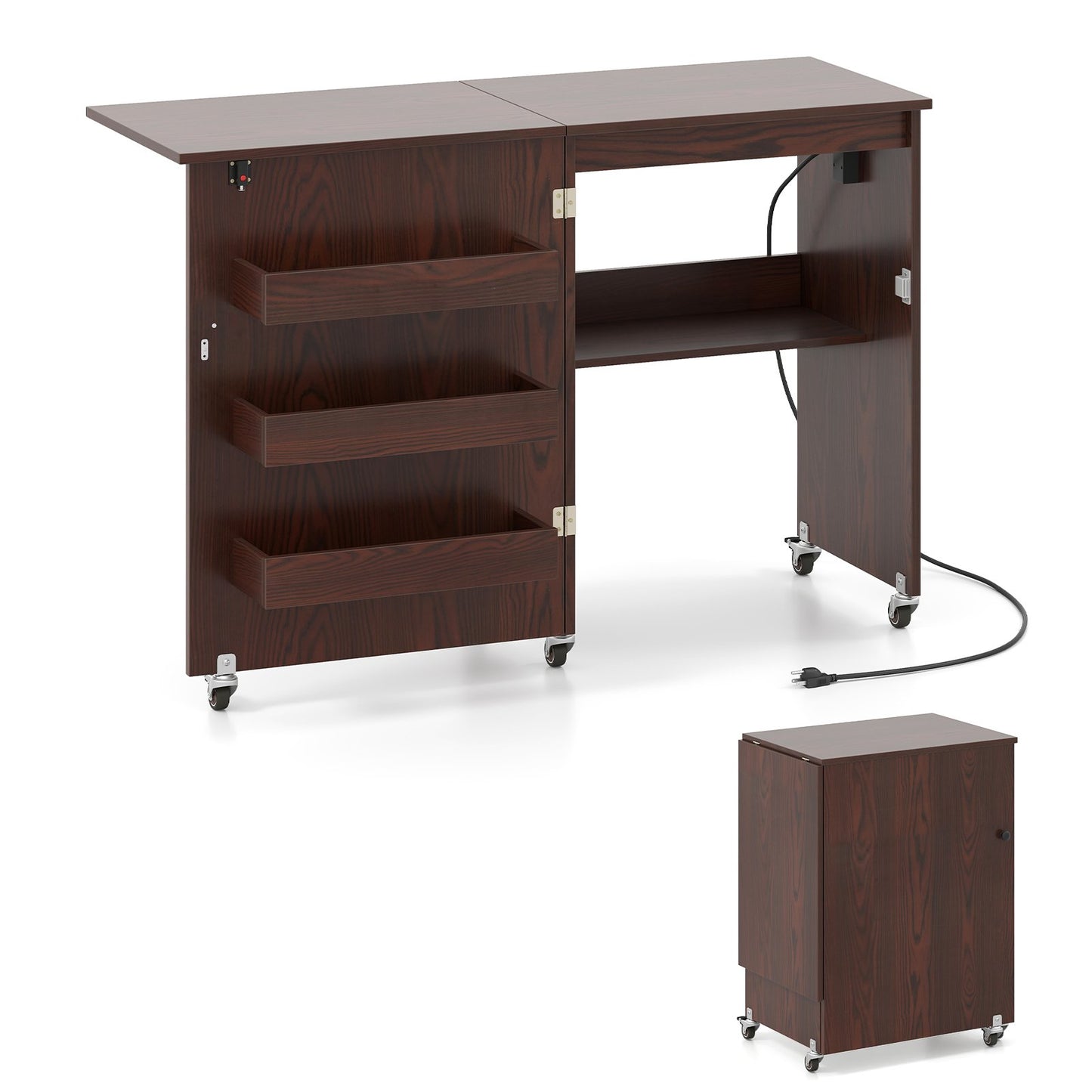 Sewing Machine Table with Charging Station and Lockable Casters-Brown