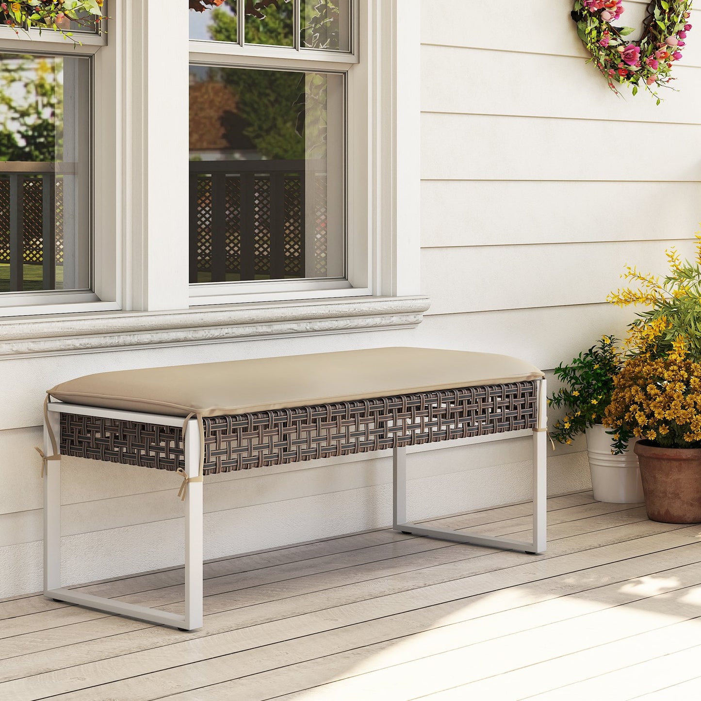 43 Inch Patio Rectangle Ottoman with Metal Legs and Seat Cushion-Beige