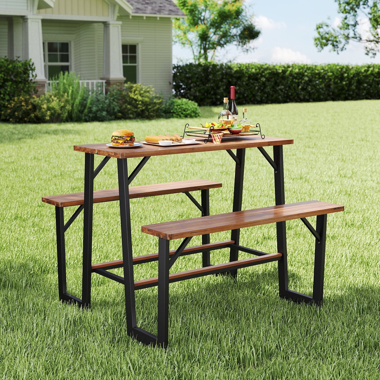 Patio Picnic Table Bench Set with Acacia Wood Tabletop and Benchtop