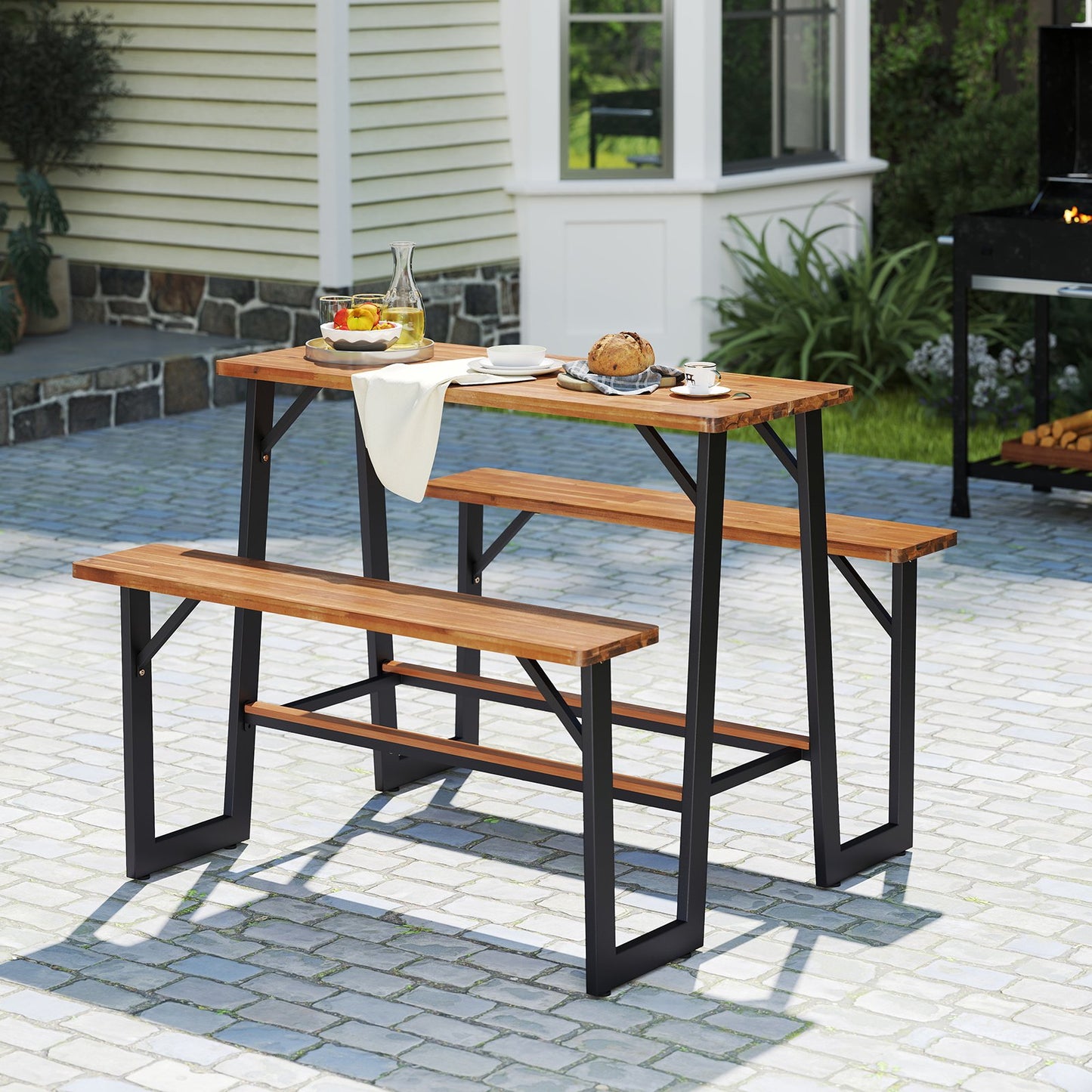 Patio Picnic Table Bench Set with Acacia Wood Tabletop and Benchtop