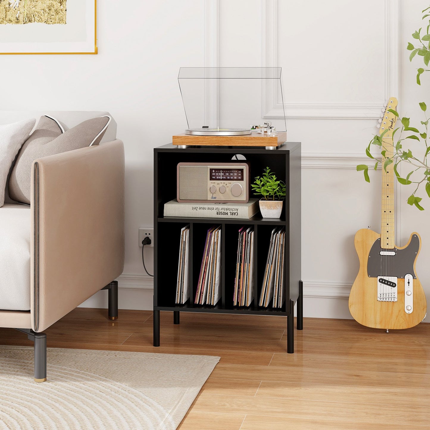 Record Player Stand with Record Storage Shelf and Charging Station-Black