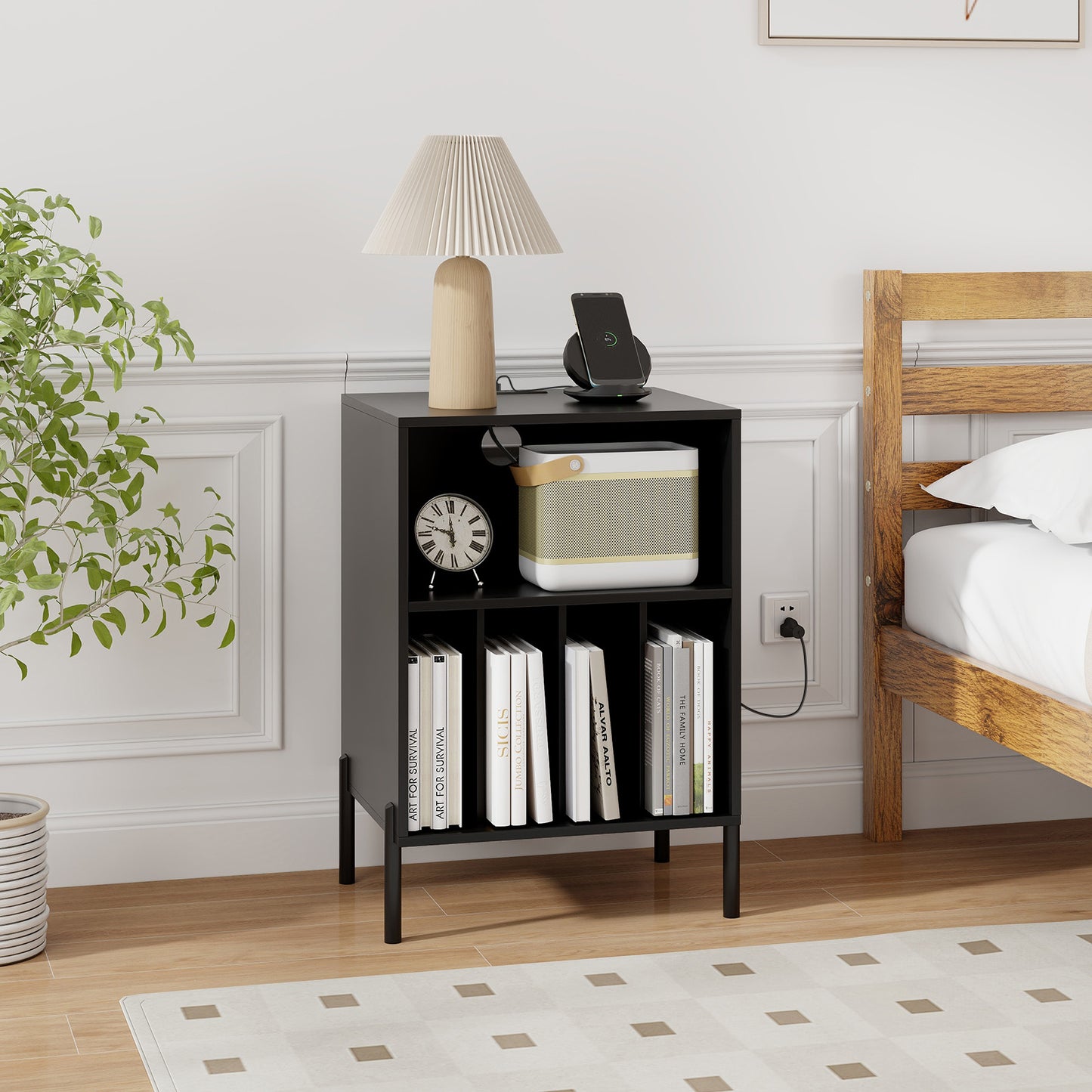 Record Player Stand with Record Storage Shelf and Charging Station-Black