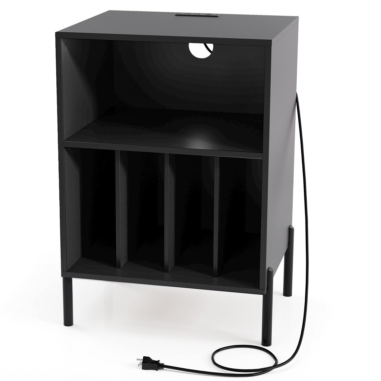 Record Player Stand with Record Storage Shelf and Charging Station-Black