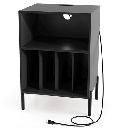 Record Player Stand with Record Storage Shelf and Charging Station-Black