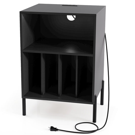 Record Player Stand with Record Storage Shelf and Charging Station-Black