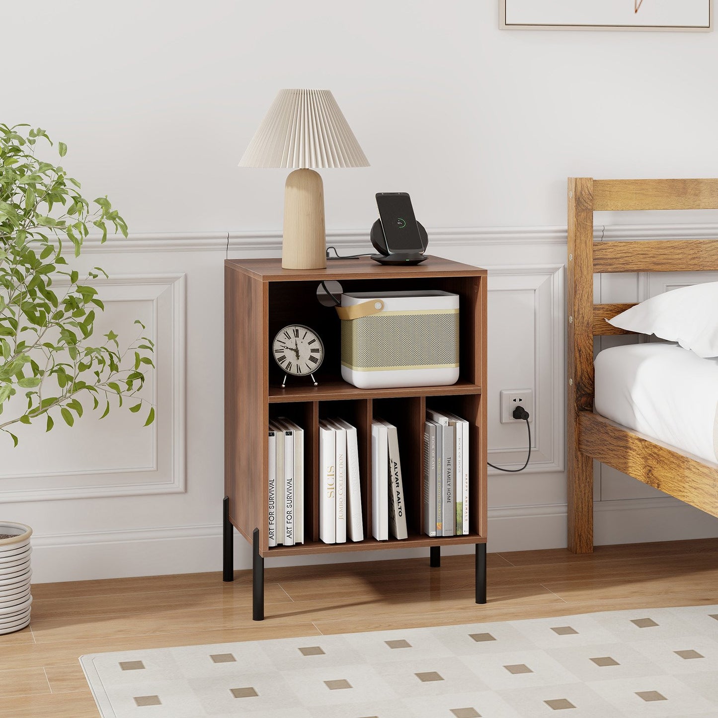 Record Player Stand with Record Storage Shelf and Charging Station-Black