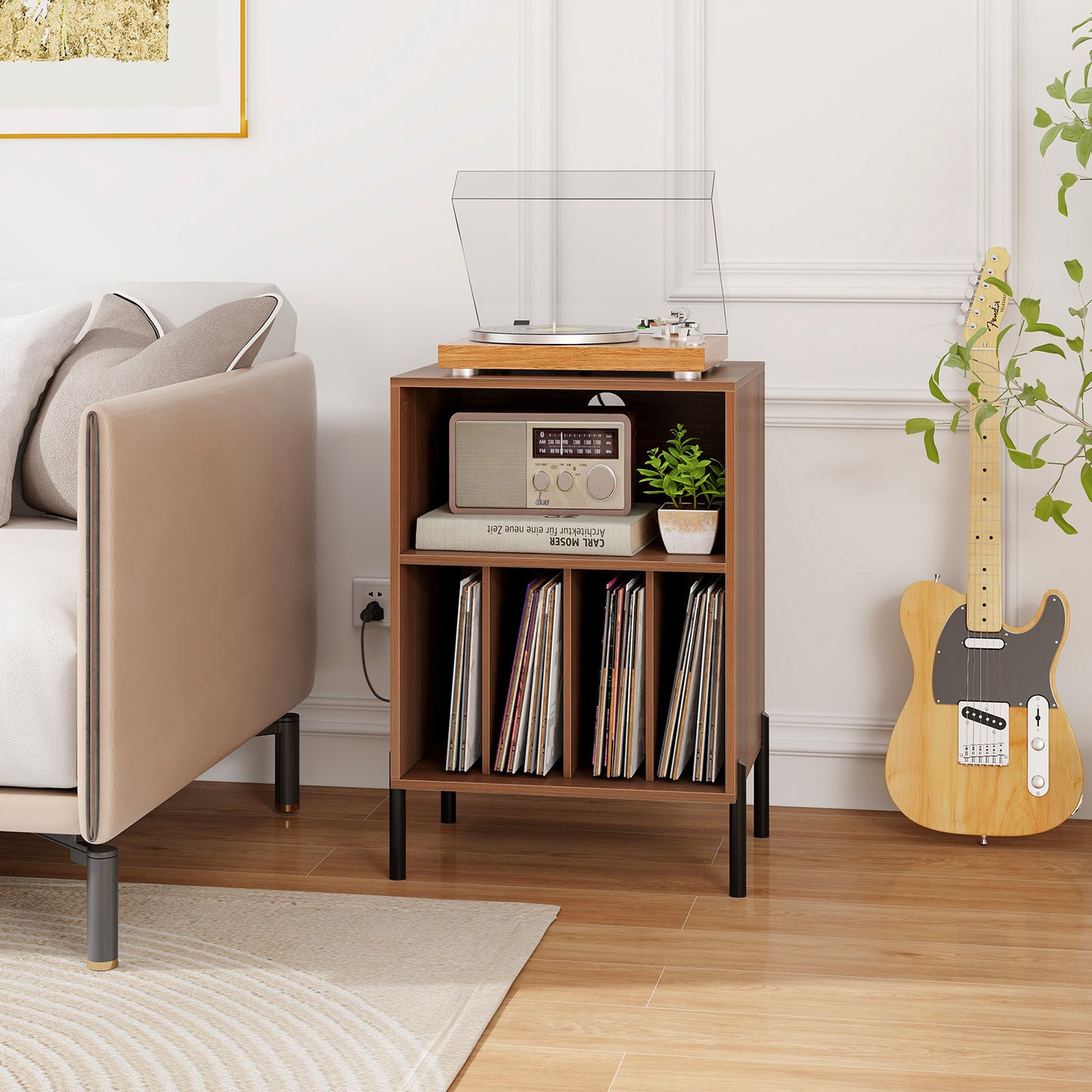 Record Player Stand with Record Storage Shelf and Charging Station-Black