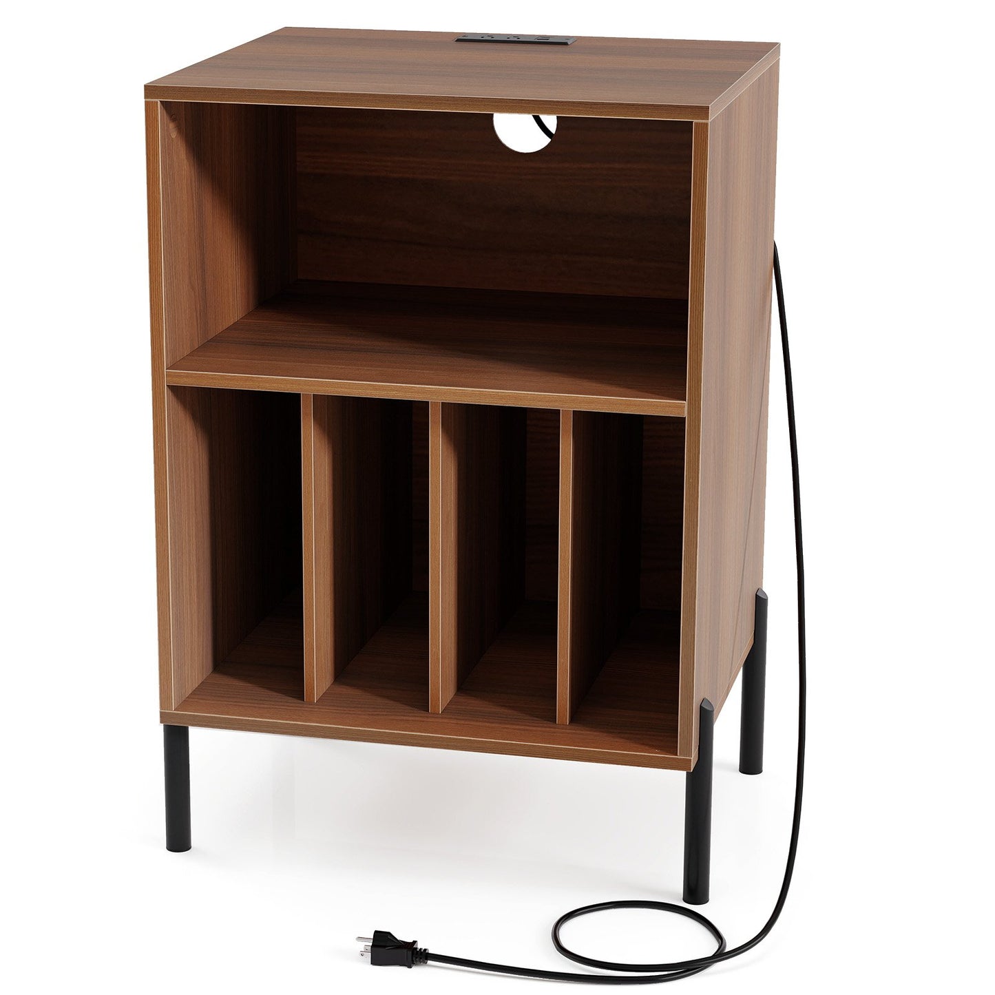 Record Player Stand with Record Storage Shelf and Charging Station-Black
