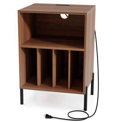 Record Player Stand with Record Storage Shelf and Charging Station-Black