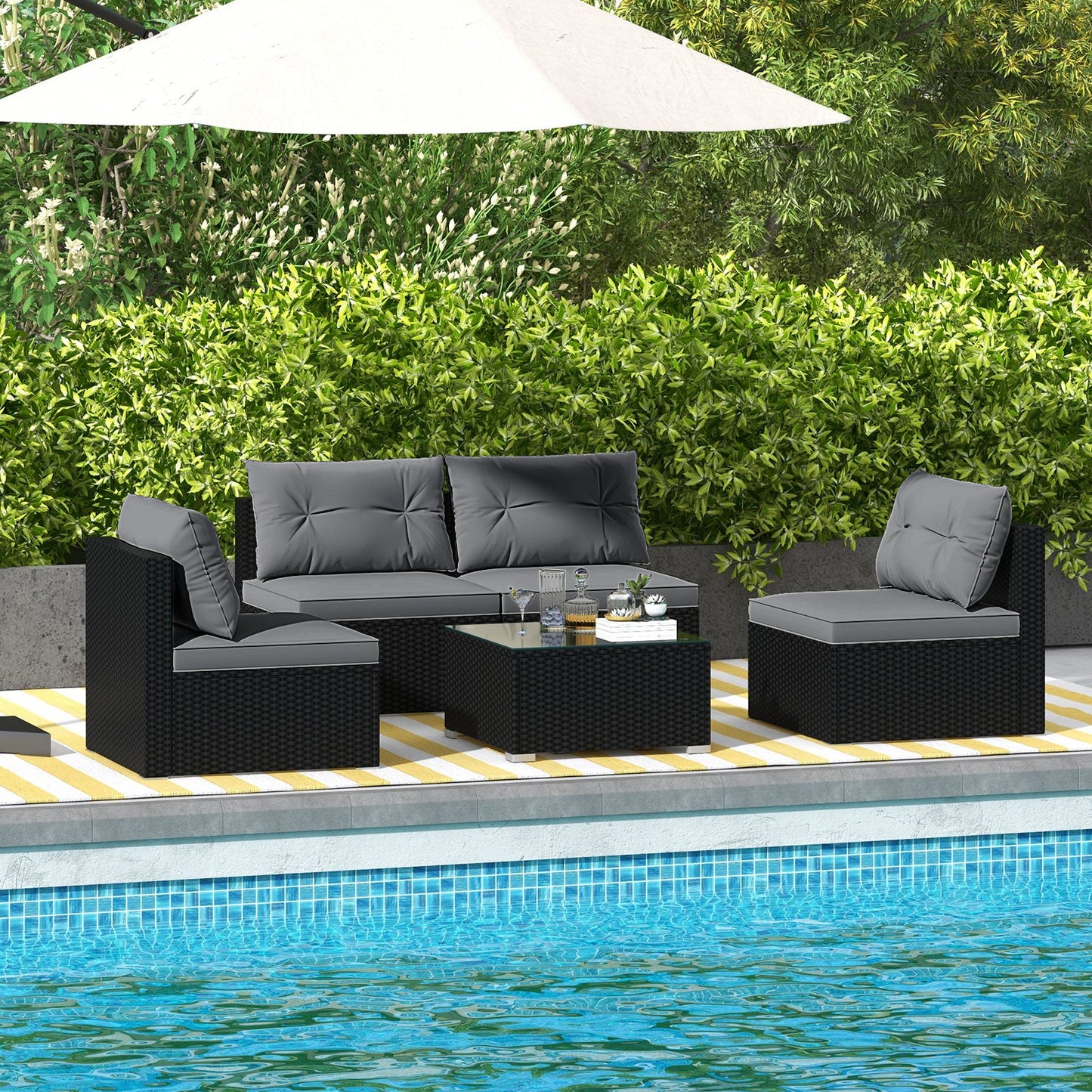 5-Piece Outdoor Patio Furniture Set with Cushions and Coffee Table-Black