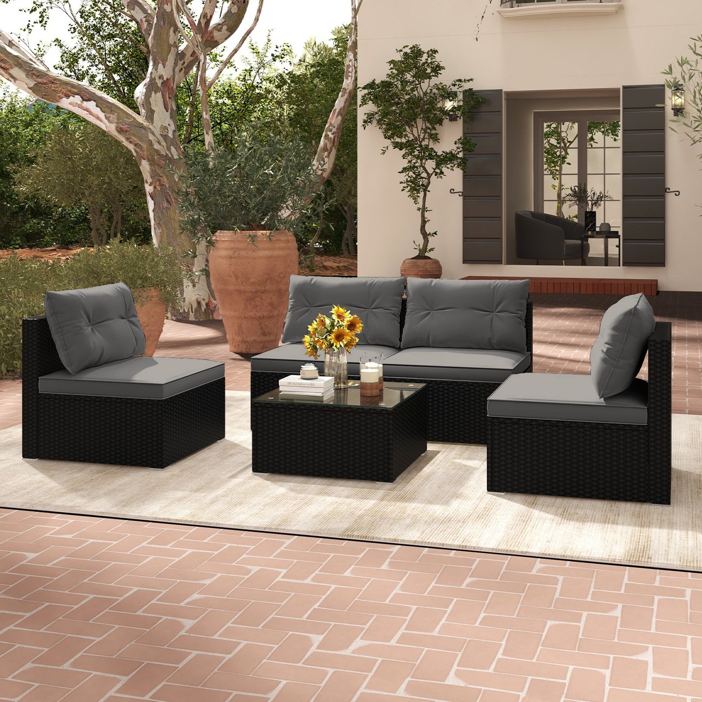 5-Piece Outdoor Patio Furniture Set with Cushions and Coffee Table-Black
