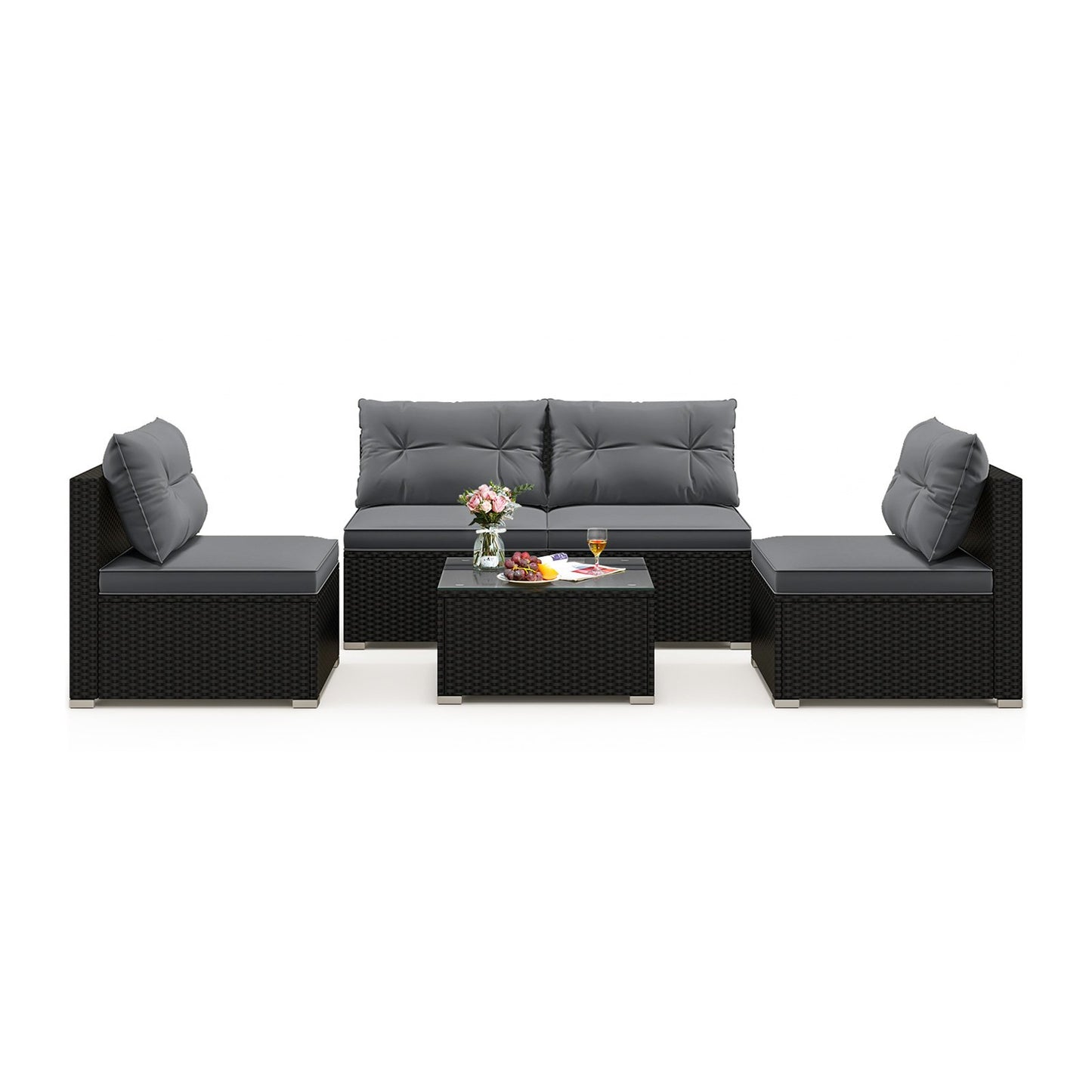 5-Piece Outdoor Patio Furniture Set with Cushions and Coffee Table-Black