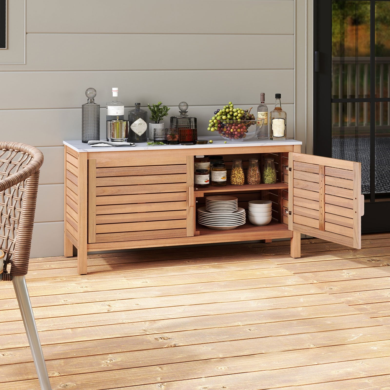 Outdoor patio storage cabinet with two doors, acacia wood body, and faux marble top for outdoor garage storage.