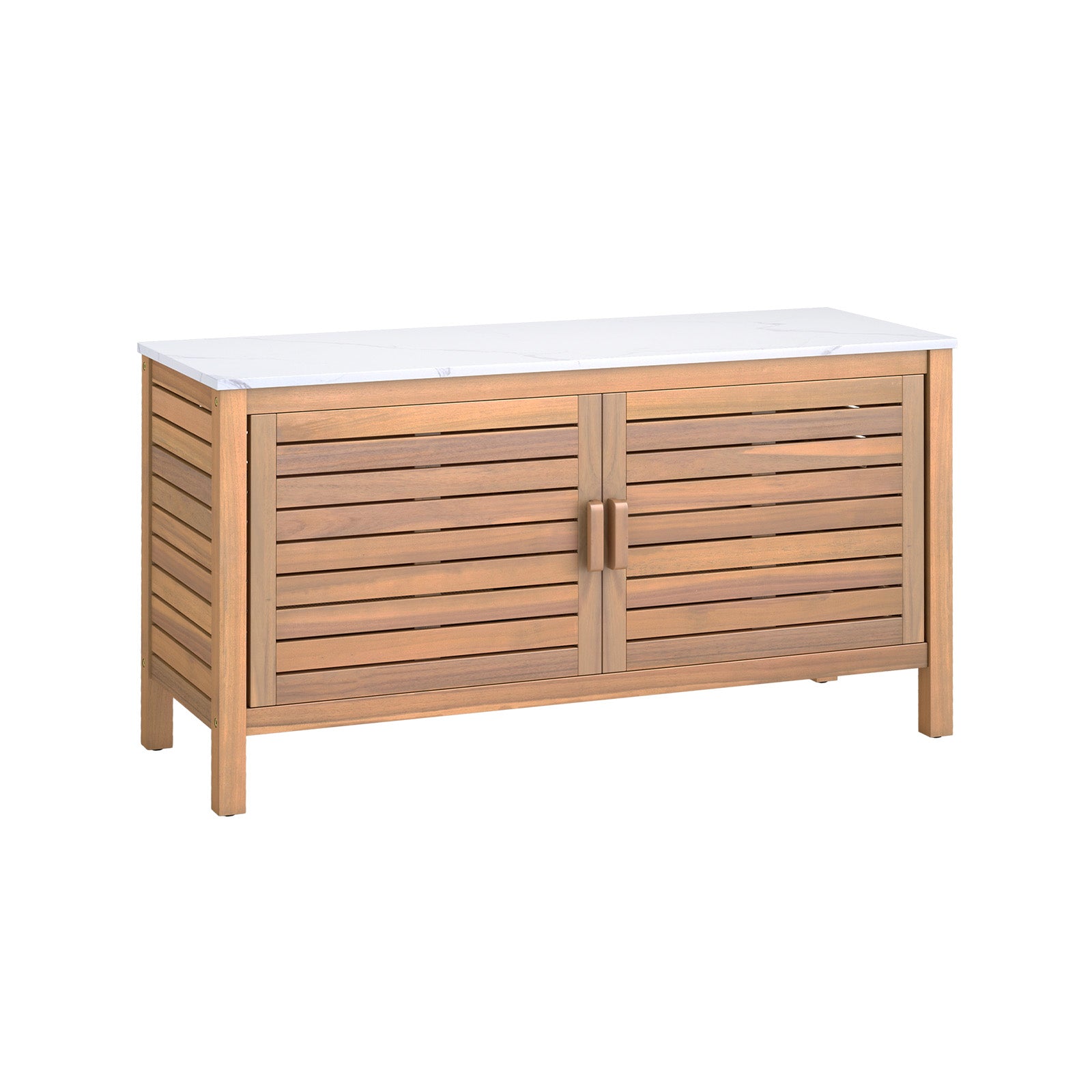 Outdoor patio storage cabinet with two doors, acacia wood construction, and faux marble top for garden organization.