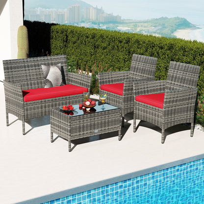 4 Pieces Patio Rattan Conversation Set with Tempered Glass Coffee Table-Beige