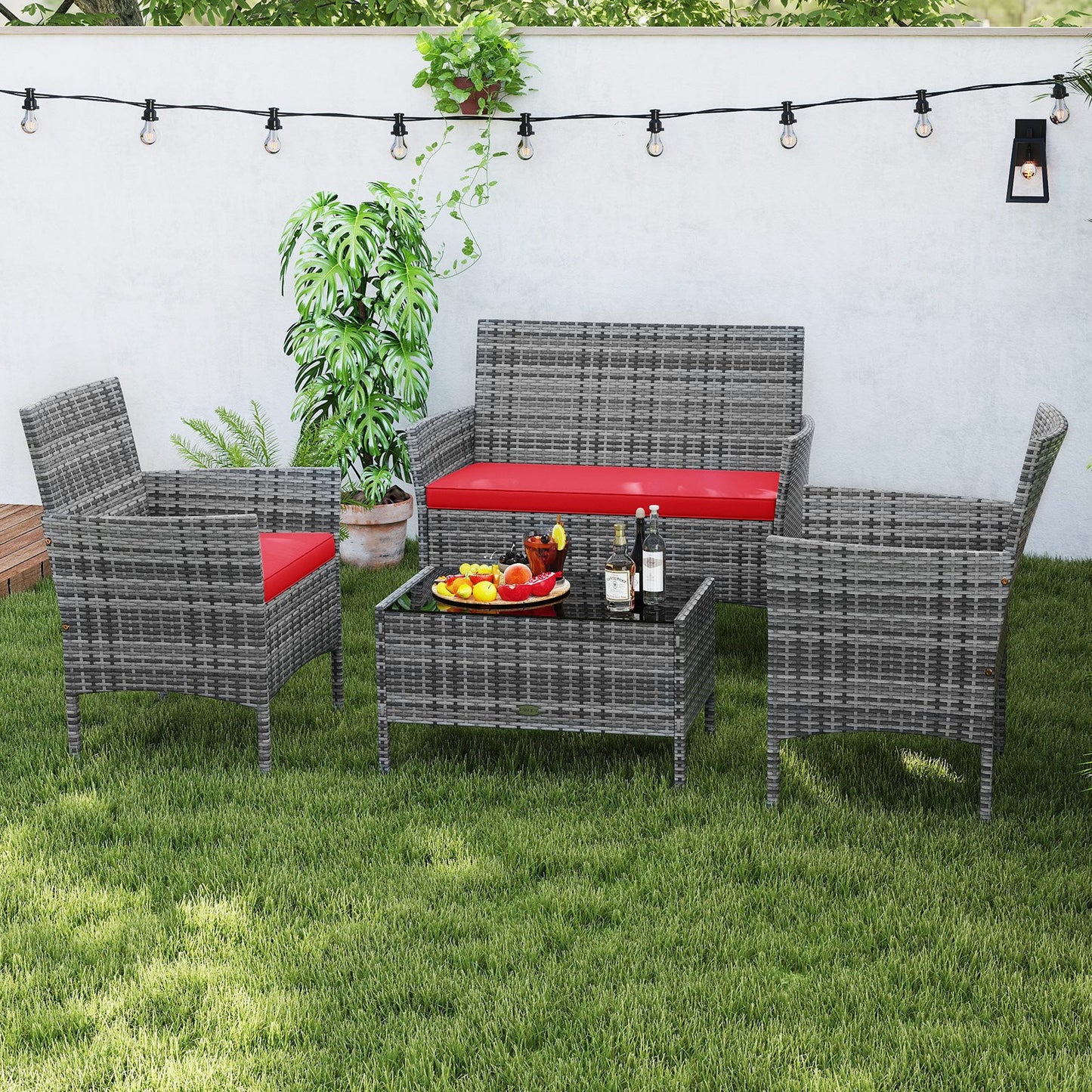 4 Pieces Patio Rattan Conversation Set with Tempered Glass Coffee Table-Beige