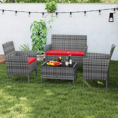 4 Pieces Patio Rattan Conversation Set with Tempered Glass Coffee Table-Beige