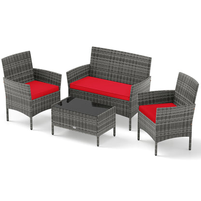 4 Pieces Patio Rattan Conversation Set with Tempered Glass Coffee Table-Beige