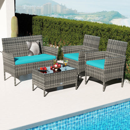 4 Pieces Patio Rattan Conversation Set with Tempered Glass Coffee Table-Beige
