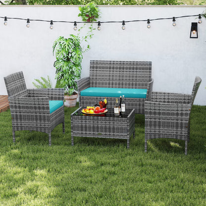 4 Pieces Patio Rattan Conversation Set with Tempered Glass Coffee Table-Beige