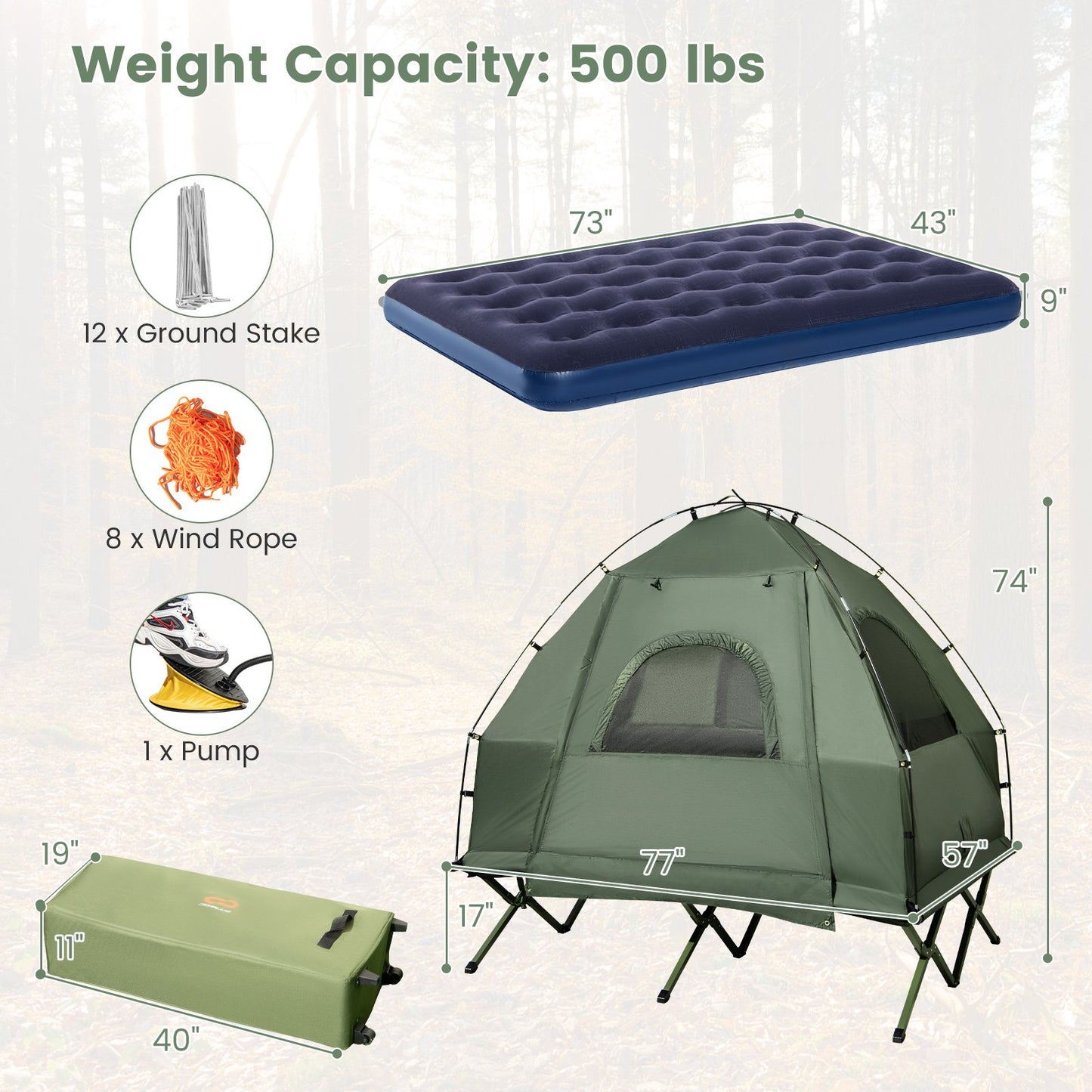 5-in-1 2-Person Foldable Outdoor Camping Tent Cot with Air Mattress and Sleeping Bag