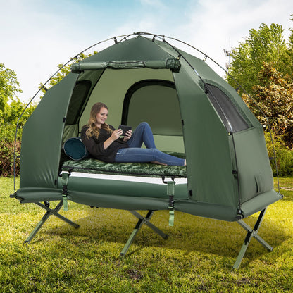 1-Person Folding Camping Tent with Sunshade and Air Mattress