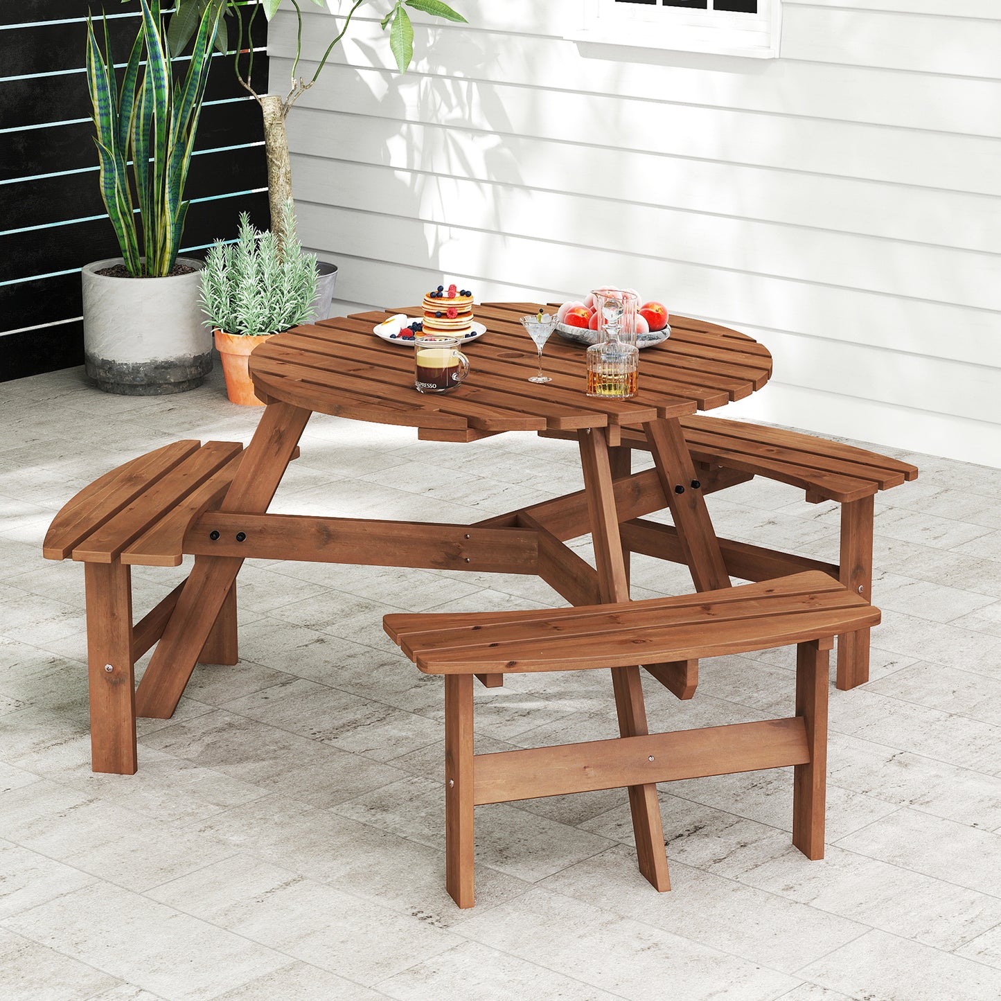 6-Person Round Picnic Table Set with 3 Built-in Benches and Umbrella Hole-Brown