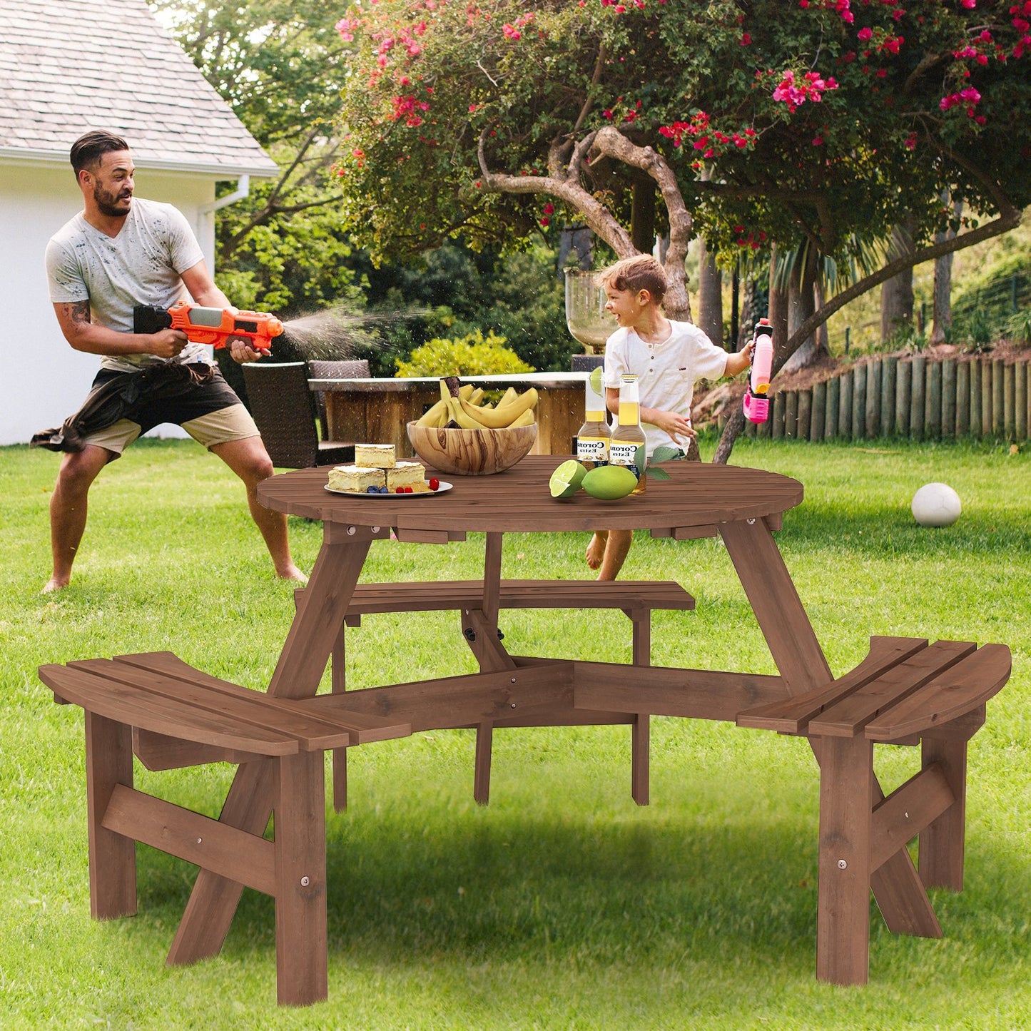 6-Person Round Picnic Table Set with 3 Built-in Benches and Umbrella Hole-Brown