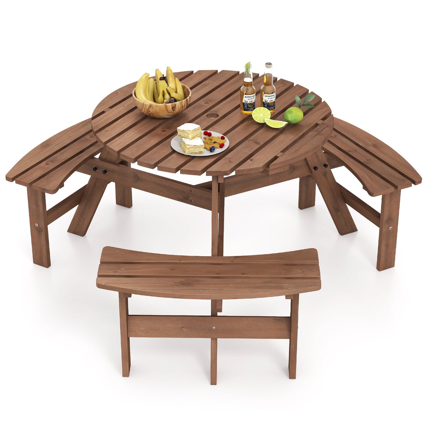 6-Person Round Picnic Table Set with 3 Built-in Benches and Umbrella Hole-Brown
